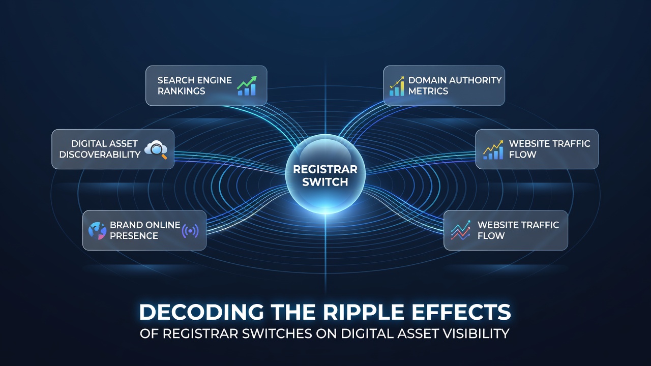 Graph displaying search visibility trends before and after a registrar switch for multiple digital assets